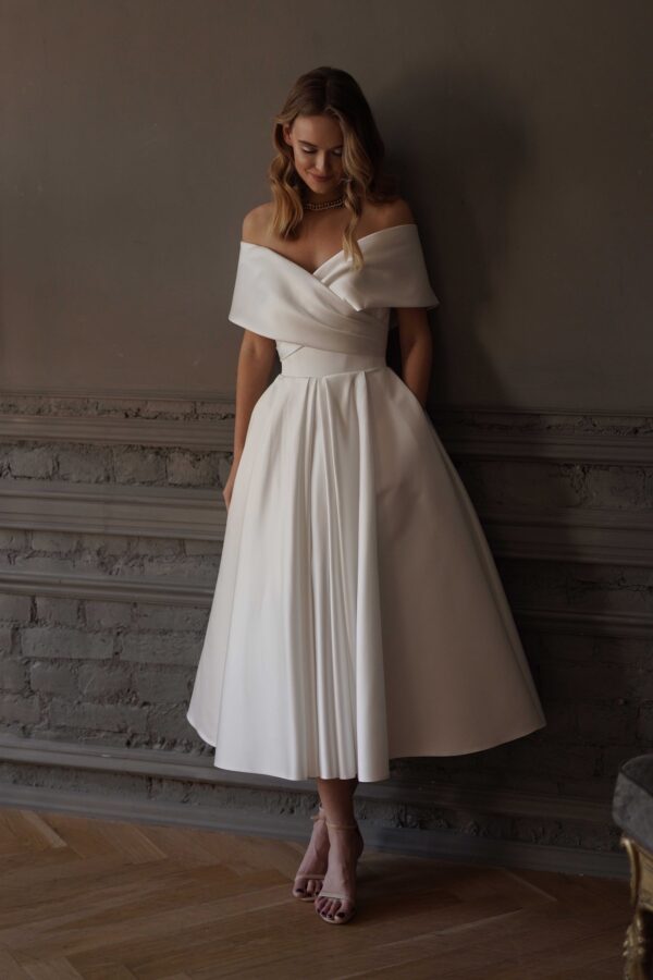 Light ivory Satin Midi Wedding Dress Cameron - Image 2