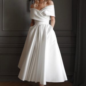 Light ivory Satin Midi Wedding Dress Cameron