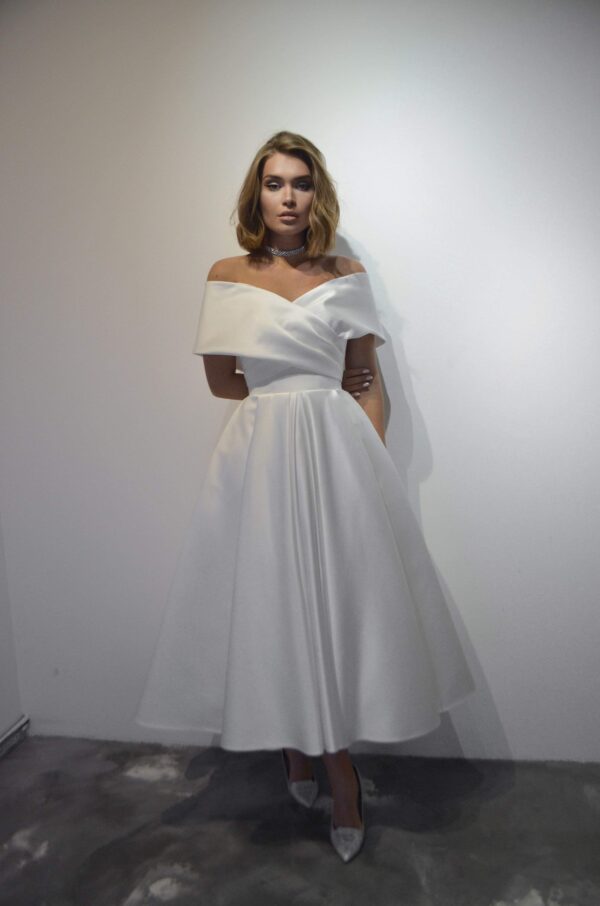 Light ivory Satin Midi Wedding Dress Cameron - Image 11